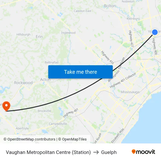 Vaughan Metropolitan Centre (Station) to Guelph map
