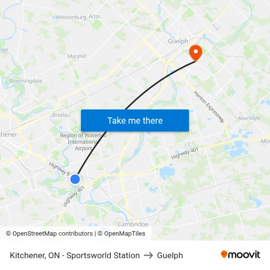 Kitchener, ON - Sportsworld Station to Guelph map