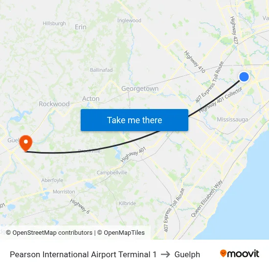 Pearson International Airport Terminal 1 to Guelph map