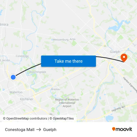 Conestoga Mall to Guelph map