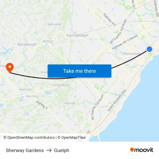 Sherway Gardens to Guelph map