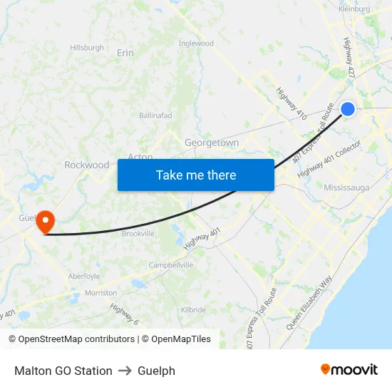 Malton GO Station to Guelph map