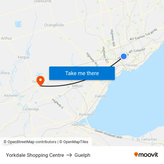Yorkdale Shopping Centre to Guelph map