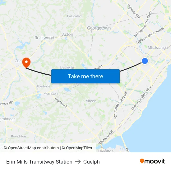 Erin Mills Transitway Station to Guelph map