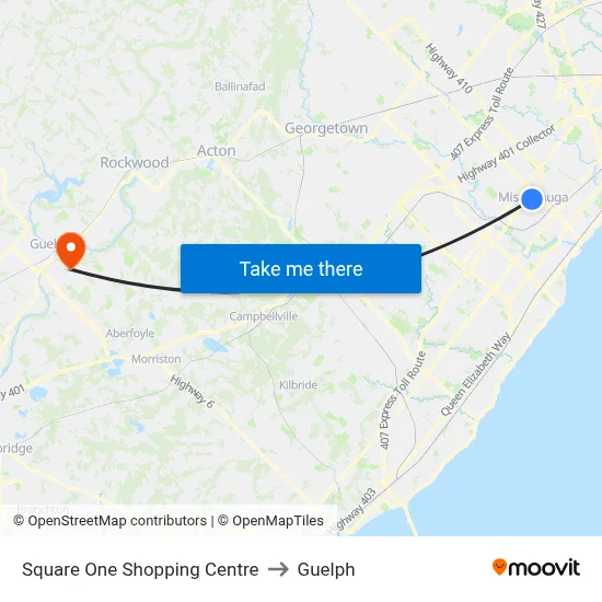 Square One Shopping Centre to Guelph map