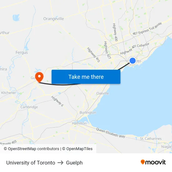 University of Toronto to Guelph map
