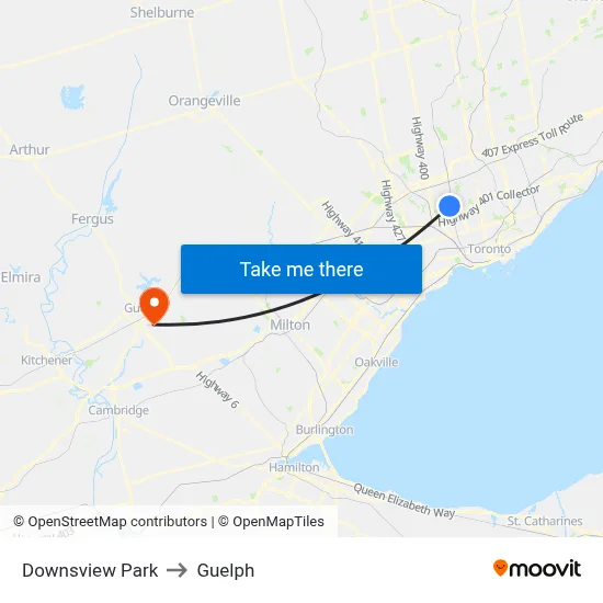 Downsview Park to Guelph map