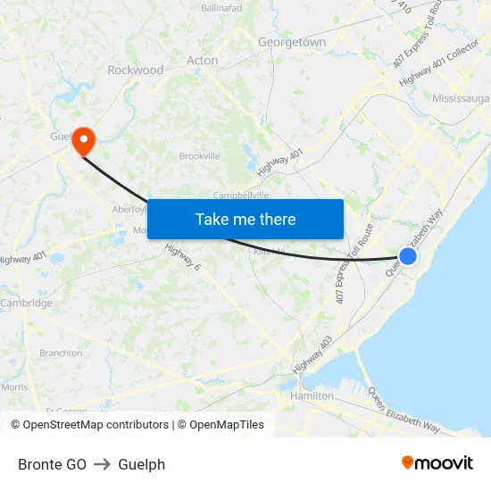 Bronte GO to Guelph map