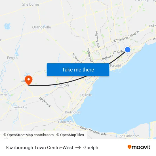 Scarborough Town Centre-West to Guelph map