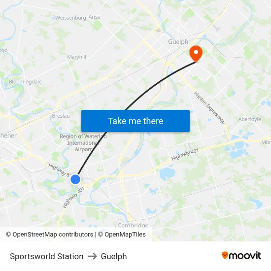 Sportsworld Station to Guelph map