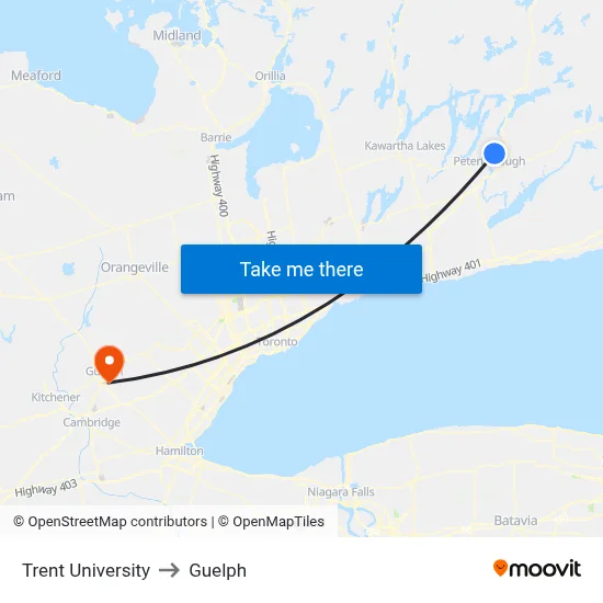 Trent University to Guelph map
