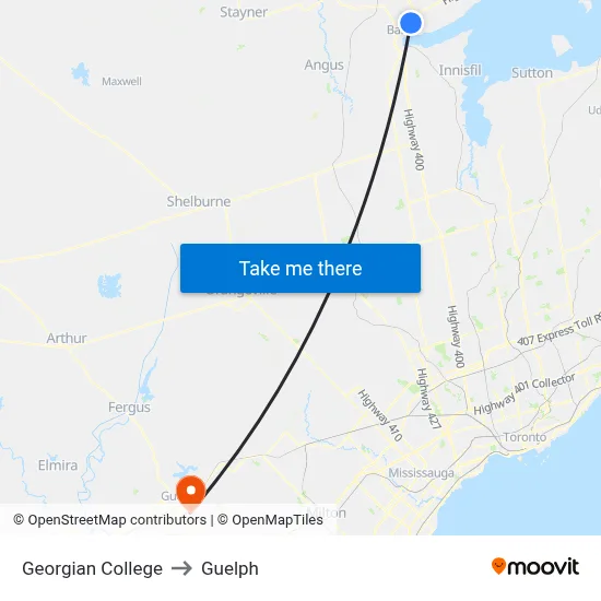 Georgian College to Guelph map