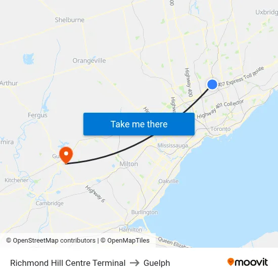 Richmond Hill Centre Terminal to Guelph map