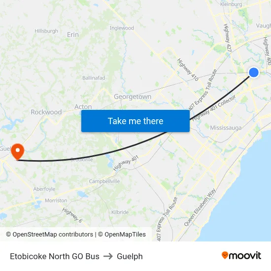 Etobicoke North GO Bus to Guelph map