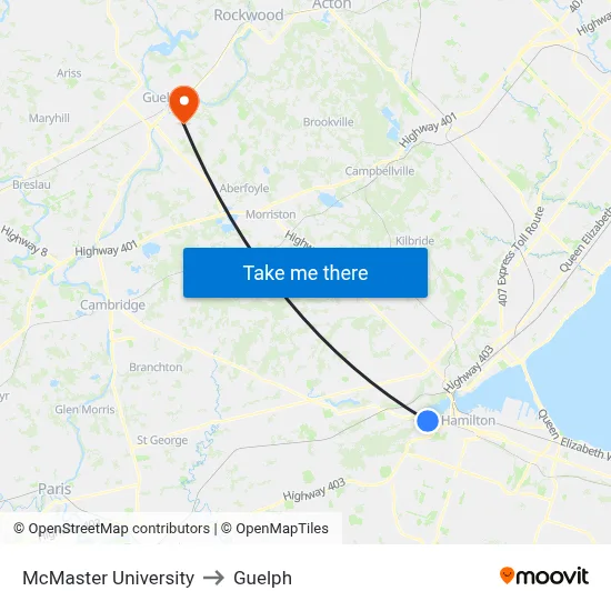 McMaster University to Guelph map