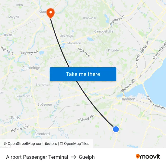 Airport Passenger Terminal to Guelph map