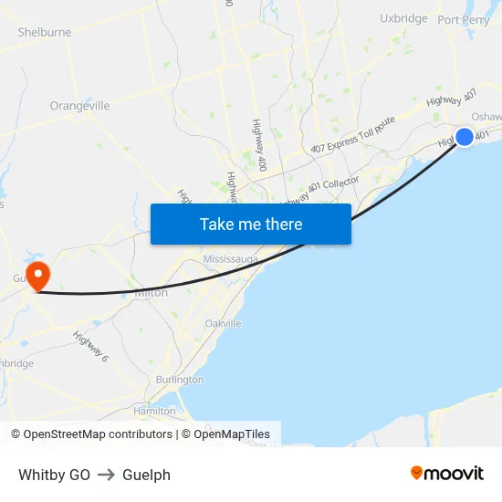 Whitby GO to Guelph map