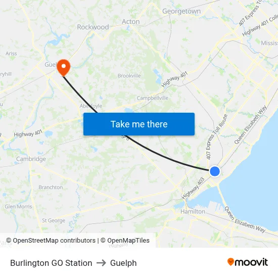 Burlington GO Station to Guelph map