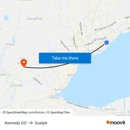 Kennedy GO to Guelph map