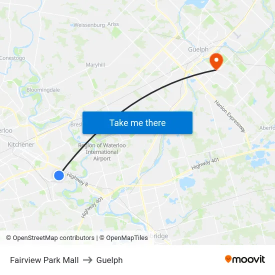 Fairview Park Mall to Guelph map