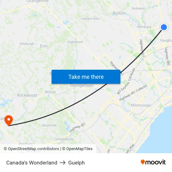 Canada’s Wonderland to Guelph map