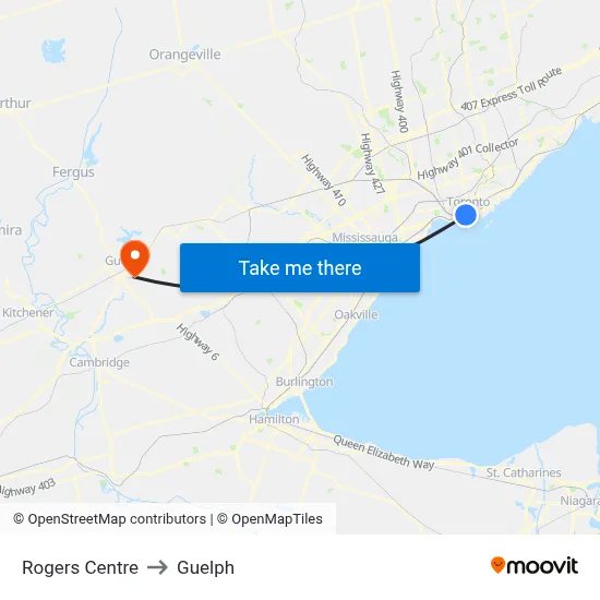 Rogers Centre to Guelph map