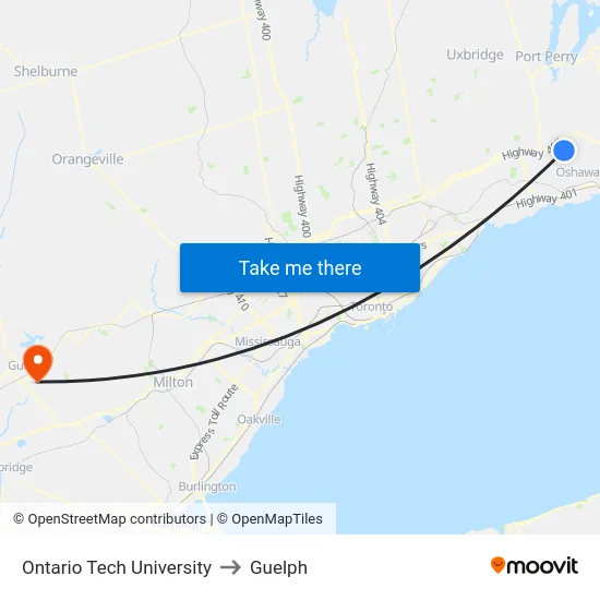 Ontario Tech University to Guelph map