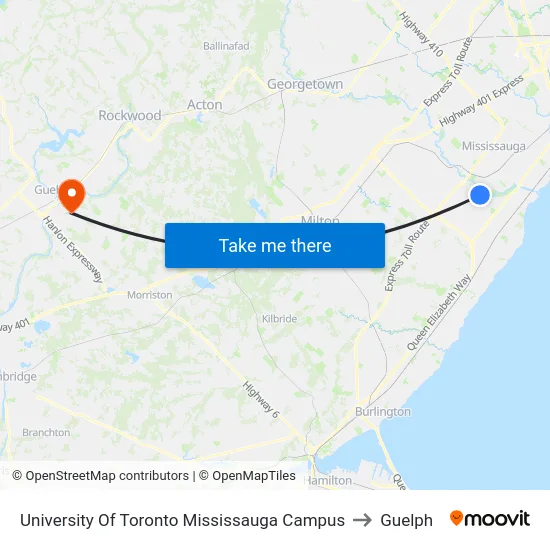 University Of Toronto Mississauga Campus to Guelph map