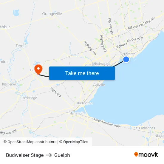 Budweiser Stage to Guelph map