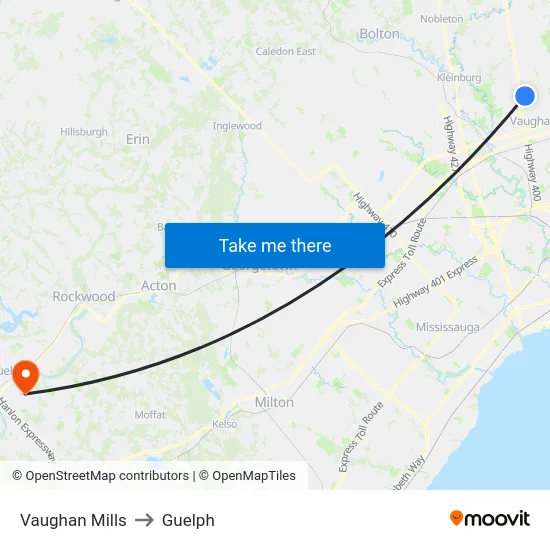 Vaughan Mills to Guelph map