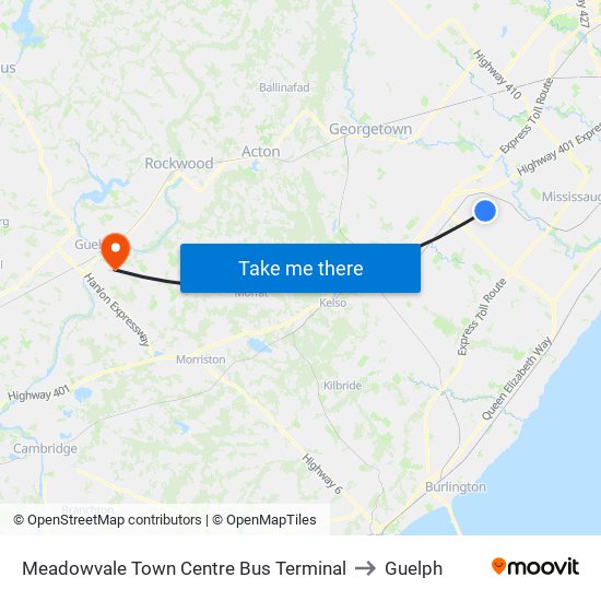 Meadowvale Town Centre Bus Terminal to Guelph map