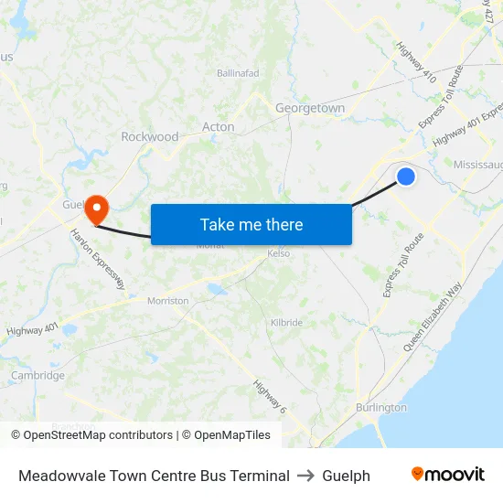Meadowvale Town Centre Bus Terminal to Guelph map