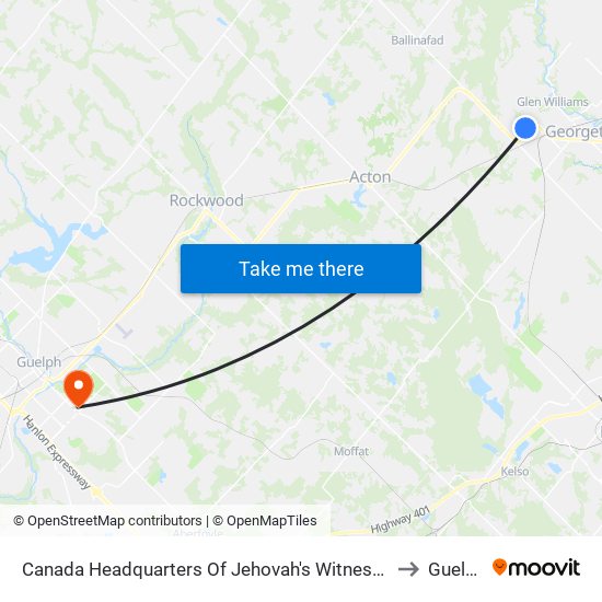 Canada Headquarters Of Jehovah's Witnesses to Guelph map