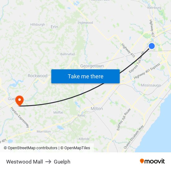 Westwood Mall to Guelph map