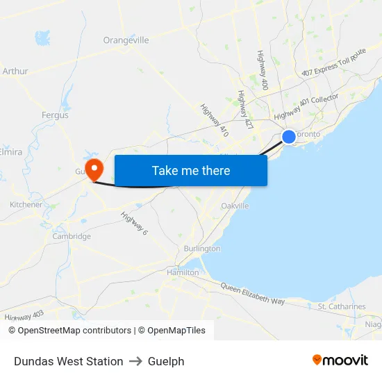 Dundas West Station to Guelph map