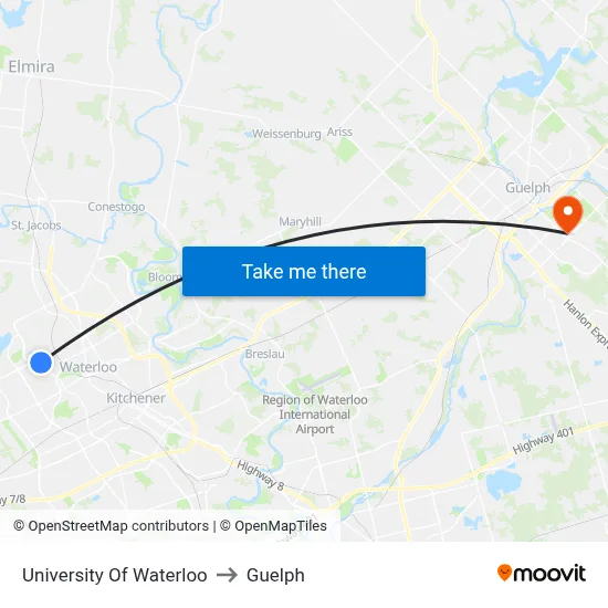 University Of Waterloo to Guelph map