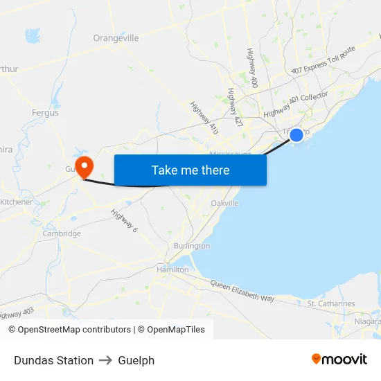 Dundas Station to Guelph map