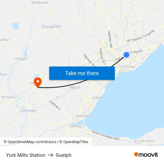 York Mills Station to Guelph map