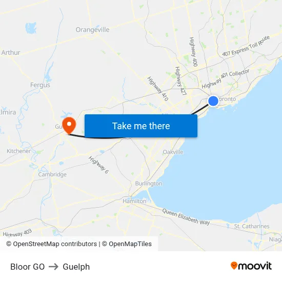 Bloor GO to Guelph map