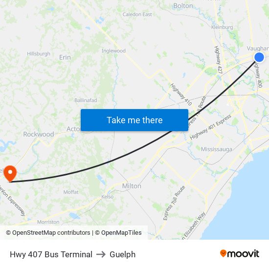 Hwy 407 Bus Terminal to Guelph map