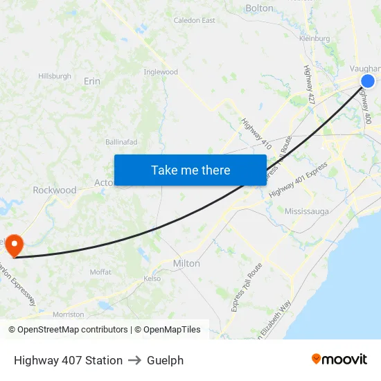 Highway 407 Station to Guelph map