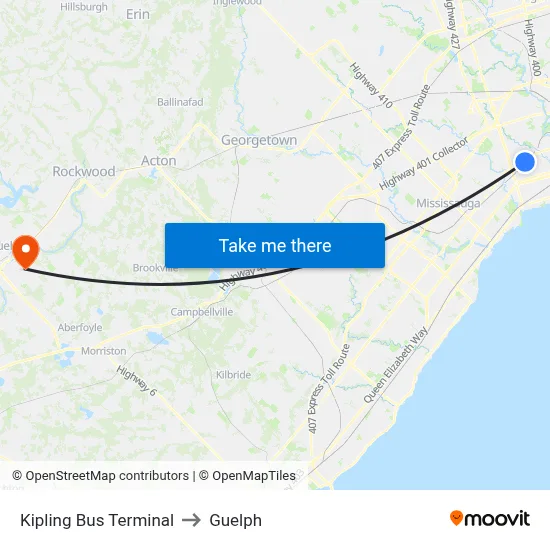 Kipling Bus Terminal to Guelph map