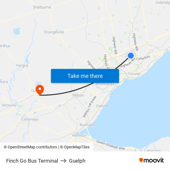 Finch Go Bus Terminal to Guelph map
