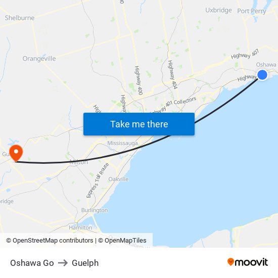 Oshawa Go to Guelph map
