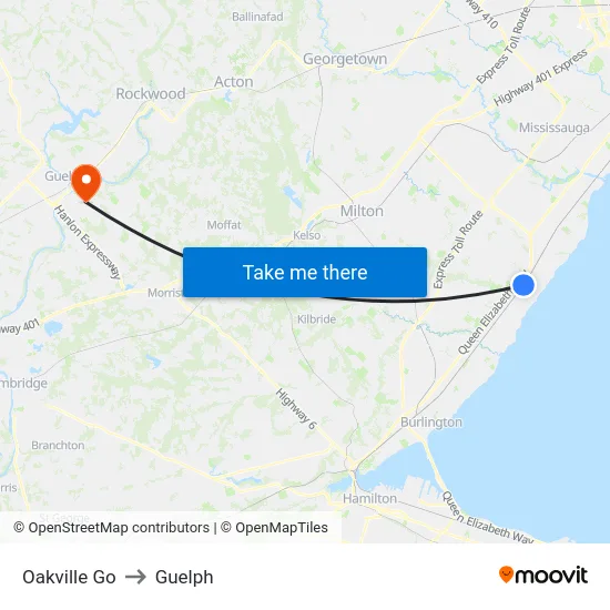 Oakville Go to Guelph map