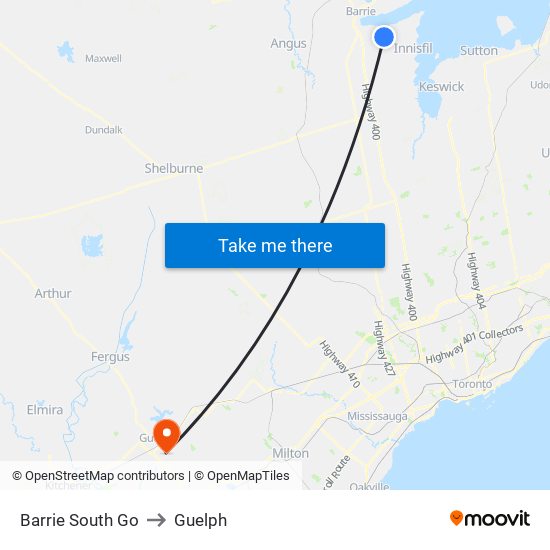 Barrie South Go to Guelph map