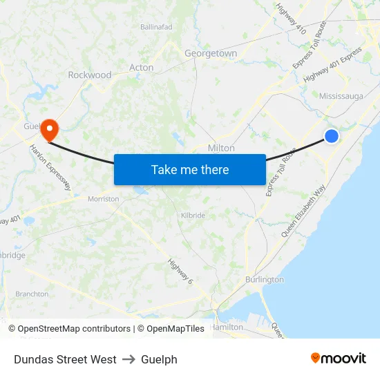 Dundas Street West to Guelph map
