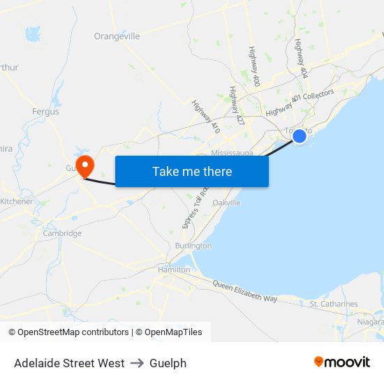 Adelaide Street West to Guelph map