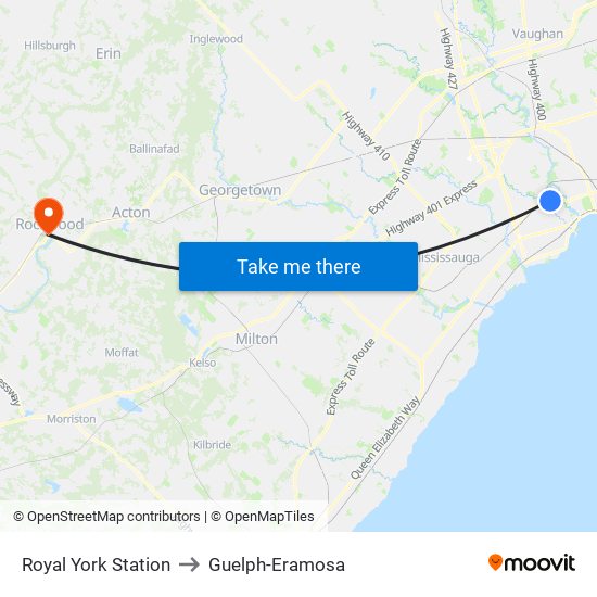 Royal York Station to Guelph-Eramosa map