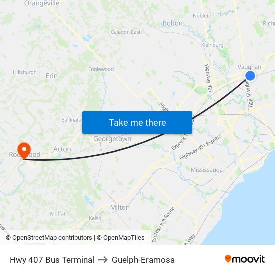 Hwy 407 Bus Terminal to Guelph-Eramosa map